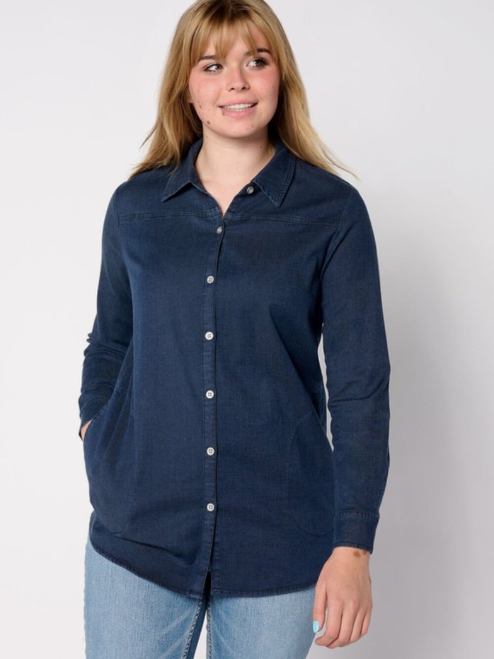 Denim & Co. Stretch Chambray Tunic w/Side Pockets Dark Wash Size XS